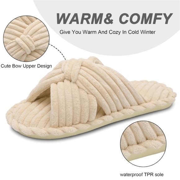 Women's Cross Band Bow Slippers Cozy Open Toe House Shoes Corduroy, BEIGE - Picture 4 of 9